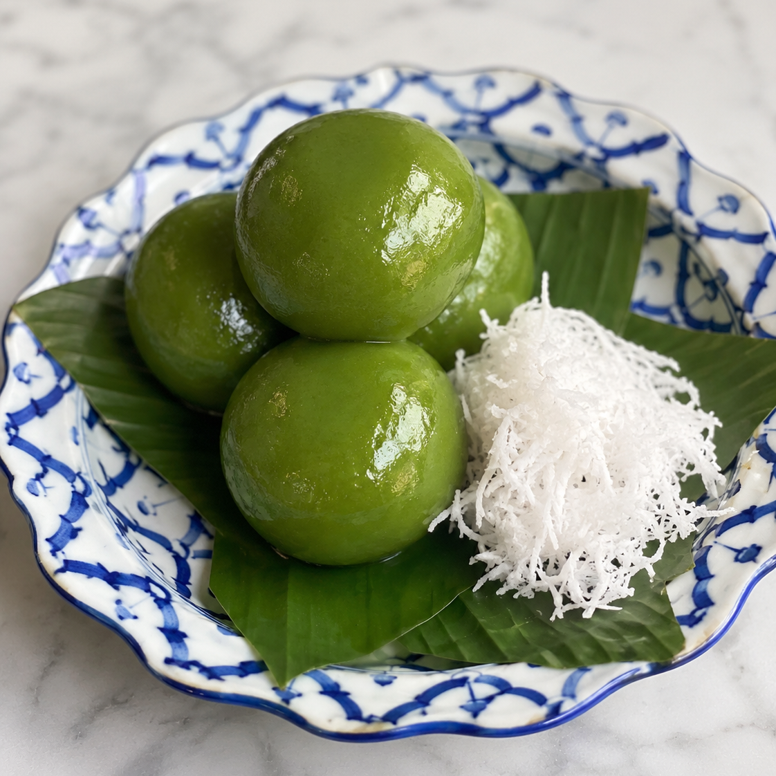 Green dumplings on a leaf with coconut shreds in a decorative blue and white bowl on a marble surface.