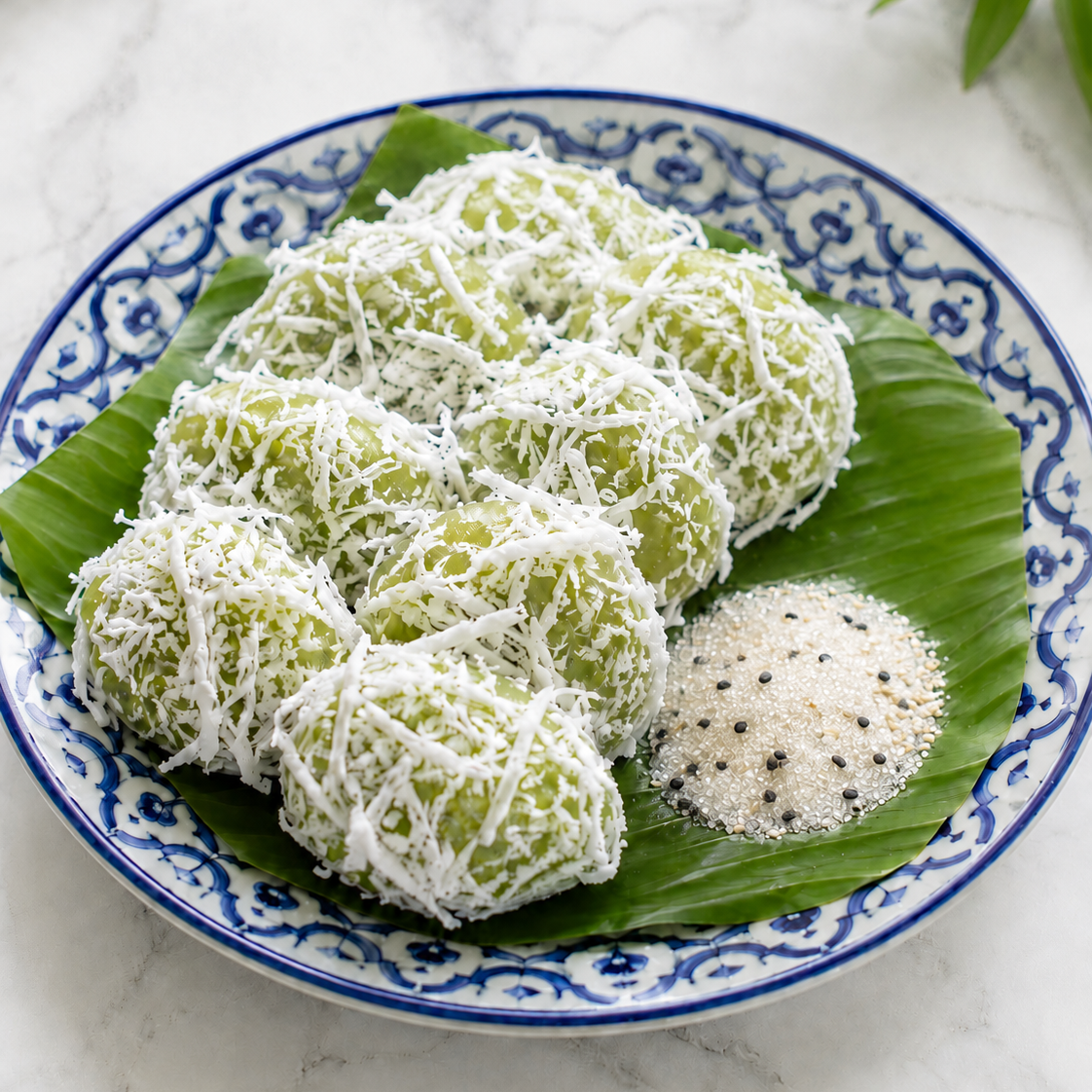 Green and white dessert on a decorative plate with a leaf