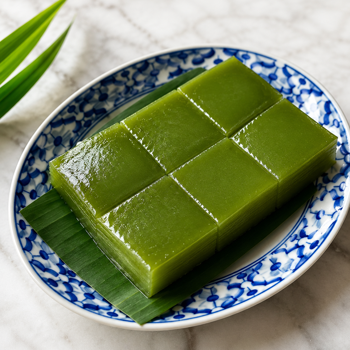Green cake on a blue and white patterned plate with a white background