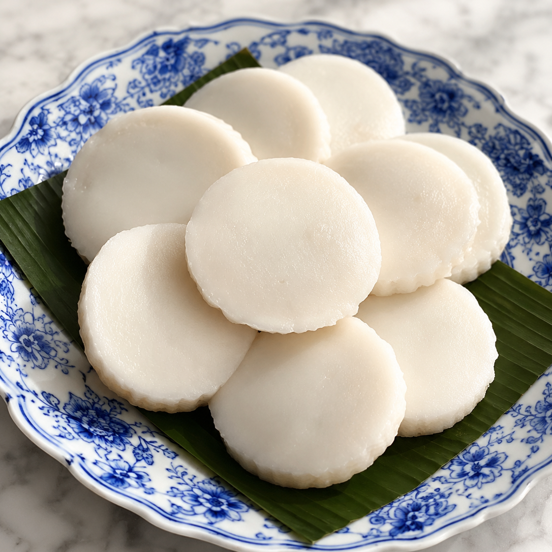 White round desserts on a blue and white decorative plate with a green leaf
