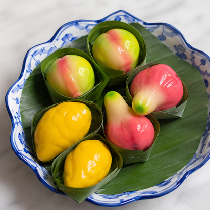 Colorful fruits wrapped in leaves on a decorative plate