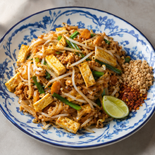 A close-up overhead shot of a plated pad thai noodle dish with tofu, bean sprouts, green onions, peanuts, and a lime wedge on a blue-and-white patterned plate.