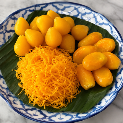 Yellow dish with noodles and fruits on a decorative plate