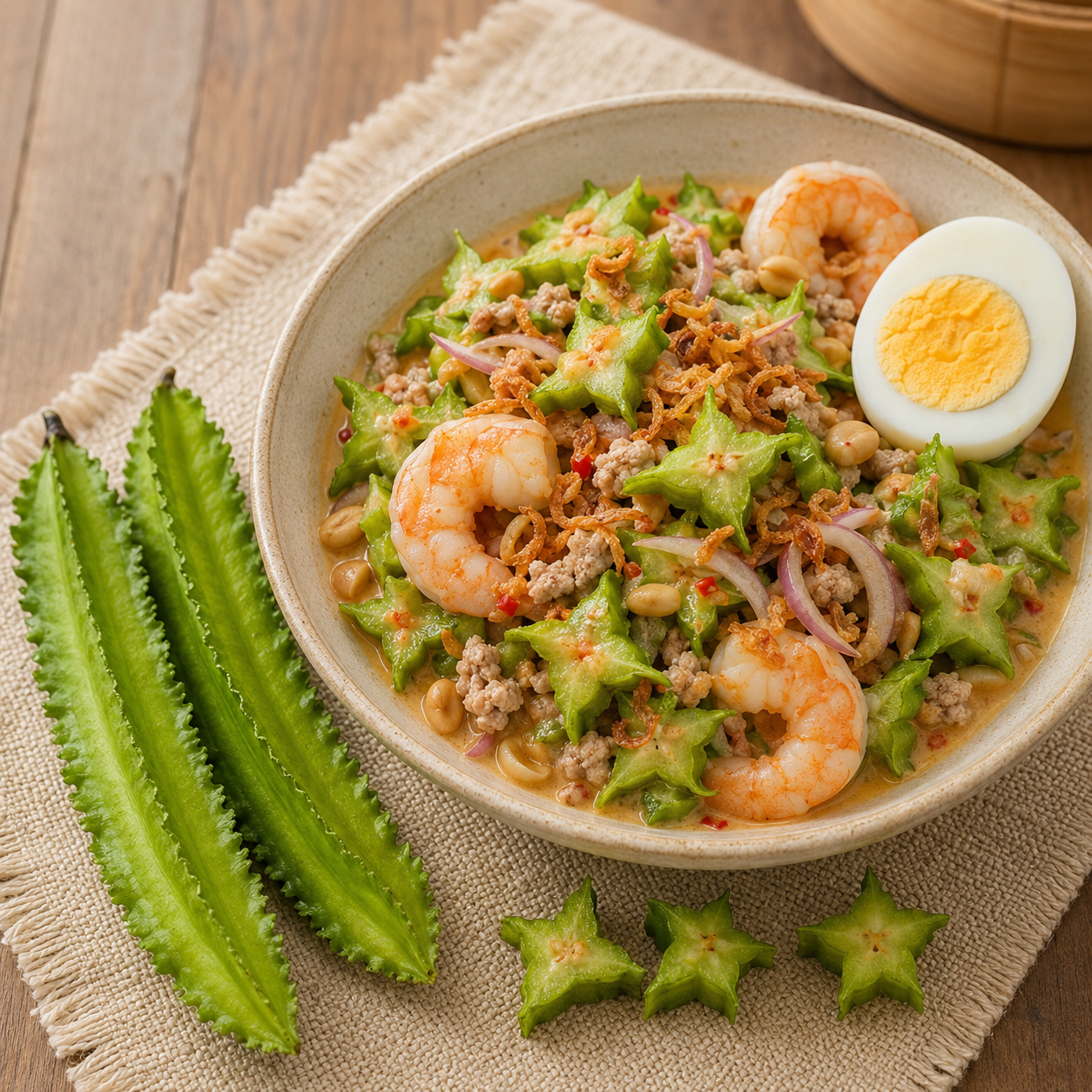 A bowl of shrimp and winged bean salad on a woven placemat over a wooden table, with two whole green winged beans and two sliced pieces placed beside the bowl.