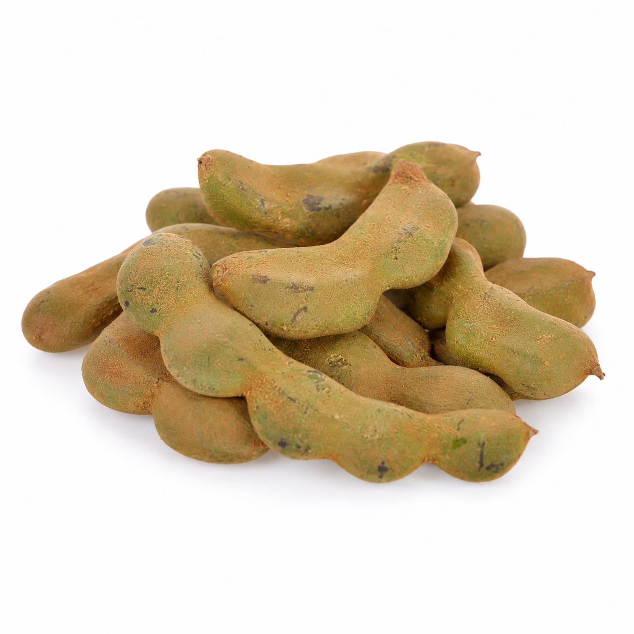 A pile of raw, uncooked tamarind pods with a textured, earthy green-brown skin, arranged on a clean white background.