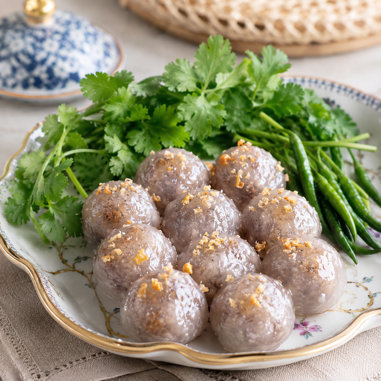 A plate of cooked meatballs garnished with chopped garlic, served with fresh cilantro and green beans on a decorative ceramic plate.