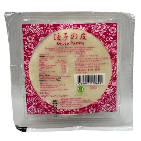 A package of Gyozza Pastry (Japanese dumpling skins) in a clear plastic bag with a pink and white floral label showing product details and a barcode.