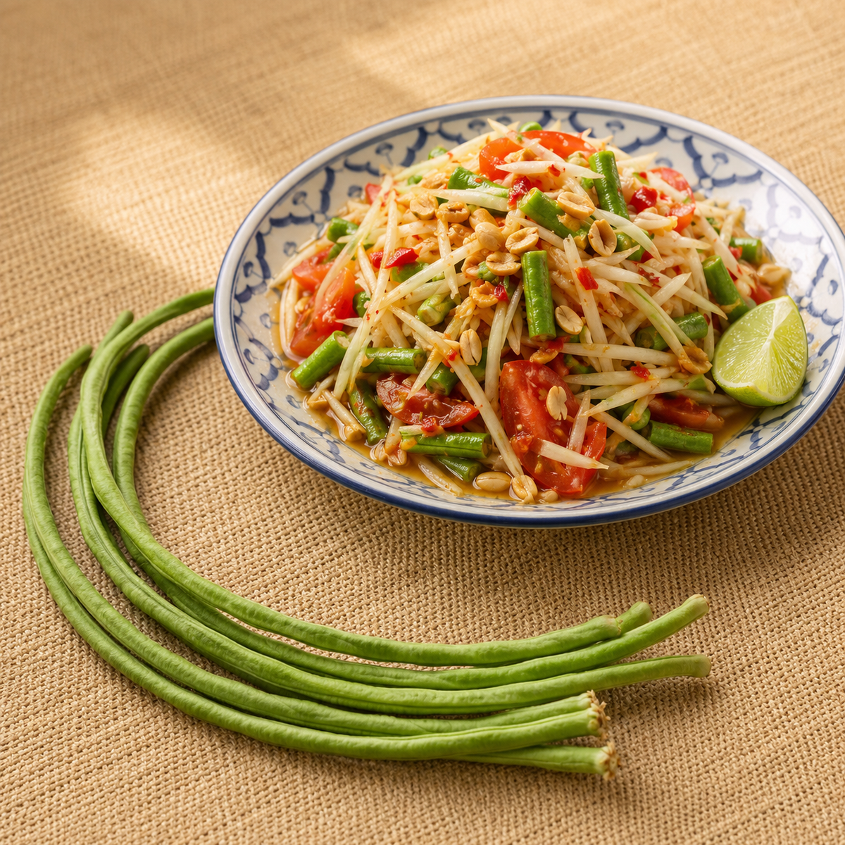 A bowl of fresh papaya salad with bean sprouts, green beans, tomatoes, peanuts, and a lime wedge, served on a blue and white patterned ceramic bowl with raw long beans placed beside it on a burlap surface.